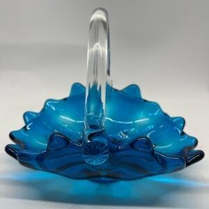 Vintage MCM Viking Blue Glass Basket with Clear handle